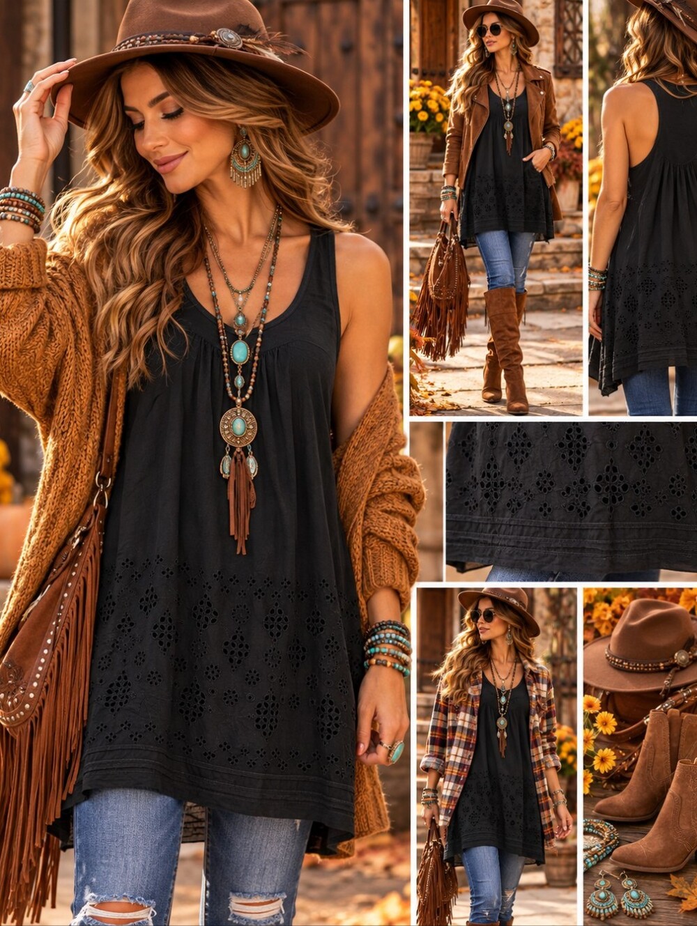 Johnny Was Medium Black Eyelet Embroidered Racerback Tunic Tank Boho Cupra Rayon